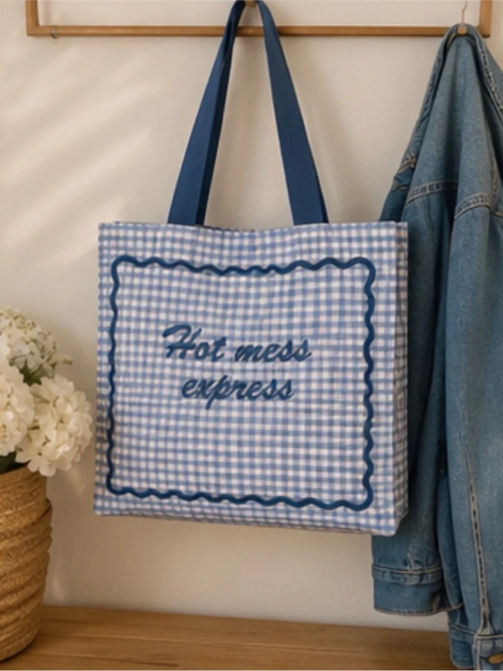 Lady Delaney | Blue Gingham Embroidered 'Hot Mess Express' Tote Bag Set - Picture 4 of 14